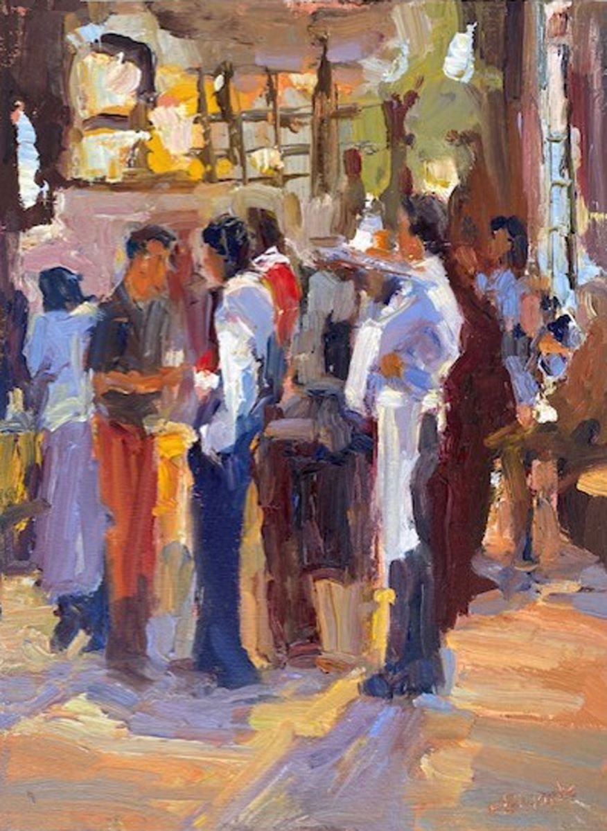 JEANNE EDWARDS - Alfresco, oil on panel, 12x9 (framed)