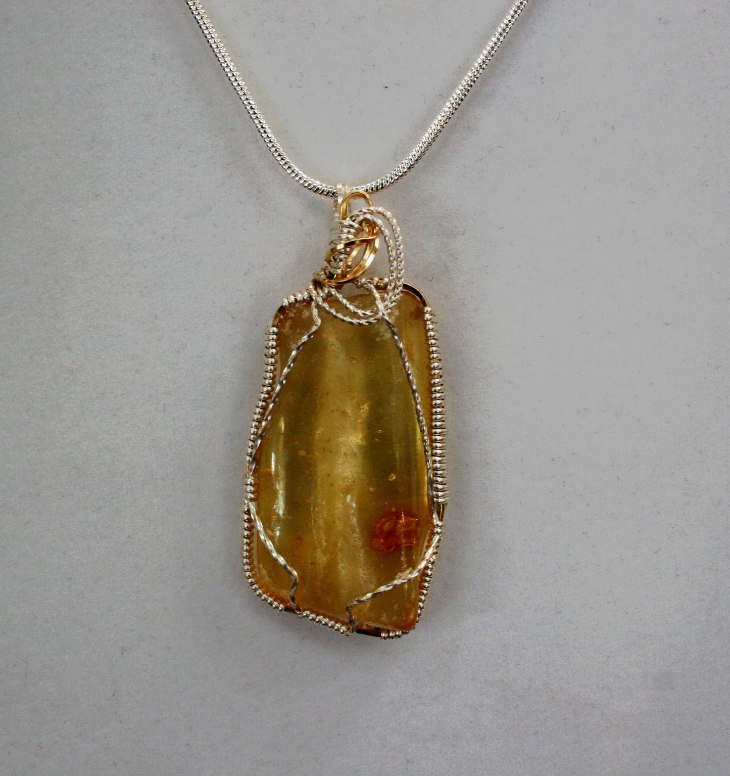 ***SOLD*** CHARLES GOLLER - sterling silver wire-wrapped Amber crystal/gemstone pendant-necklace with sterling snake chain
