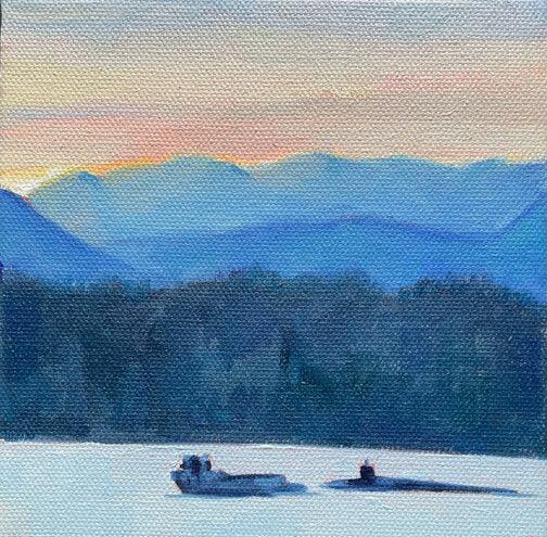***SOLD*** JILL ZACOT - Armed Whale and Escort, *x* oil on stretched canvas (unframed)