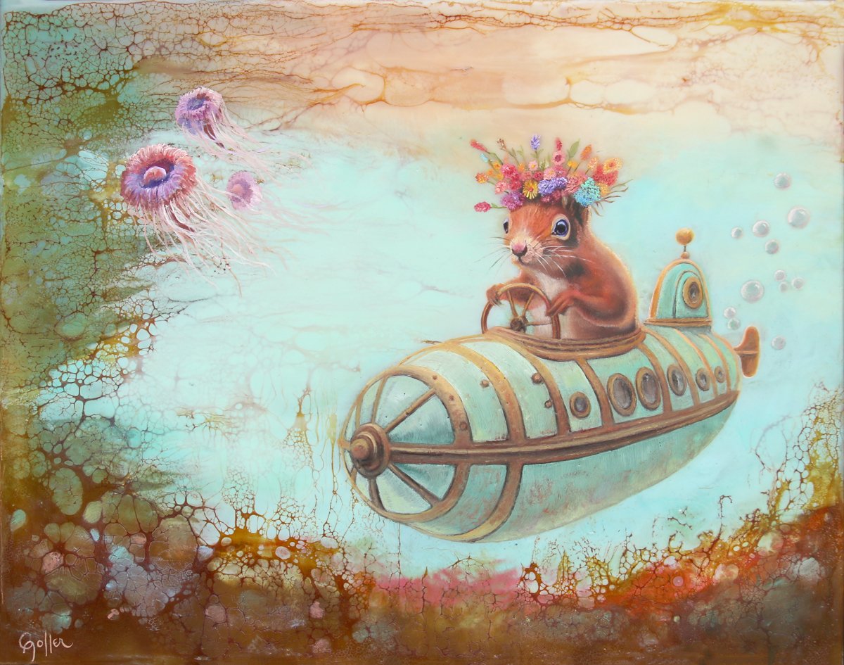 Prints available, original ***SOLD*** CARRIE GOLLER - Atlantis, (Floriferous Collection) Submarine Squirrel, mixed media - oil/encaustic, 11x14 (framed) ***At Rehs Contemporary Galleries, NYC, please inquire at (212) 355-5710***