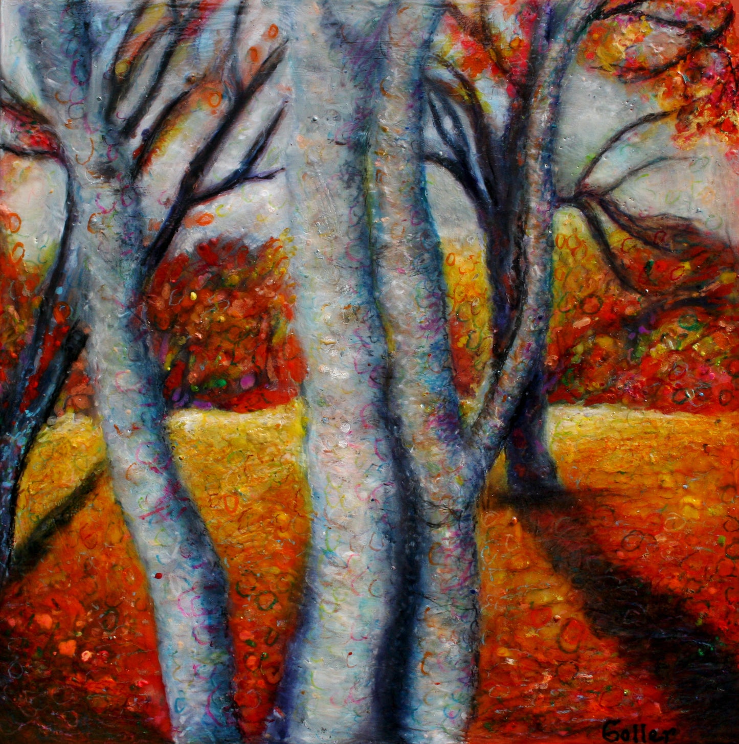 Prints available, original***SOLD***Autumn Birch - Encaustic/Mixed Media - 16x16