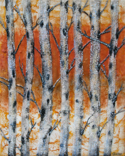 Prints available, original ***SOLD*** Carrie Goller - Autumn Birches V, encaustic/mixed media 20x16