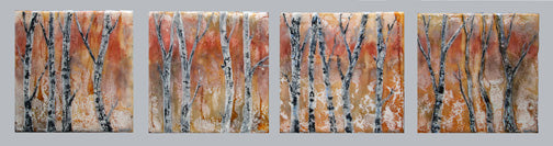 prints available, original ***SOLD*** Carrie Goller - Autumn Birches I, II, III and IV, encaustic/mixed media - quad set of four, 9x9 each