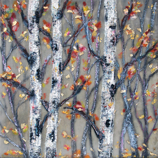 Prints available, original ***SOLD*** Carrie Goller - Autumn Woodland II, encaustic/mixed media 12x12