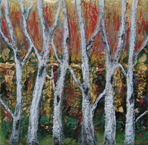 Prints available, original ***SOLD*** Carrie Goller - Autumn Woodland, encaustic/mixed media 7x7