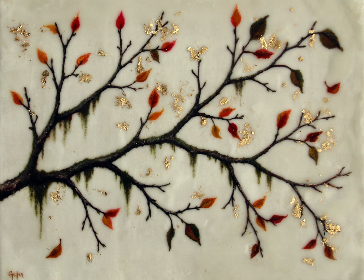 Prints available, original ***SOLD*** Carrie Goller - Autumn Moss Branches, Mixed Media - Oil/Encaustic with gold leaf, 11" x 14"