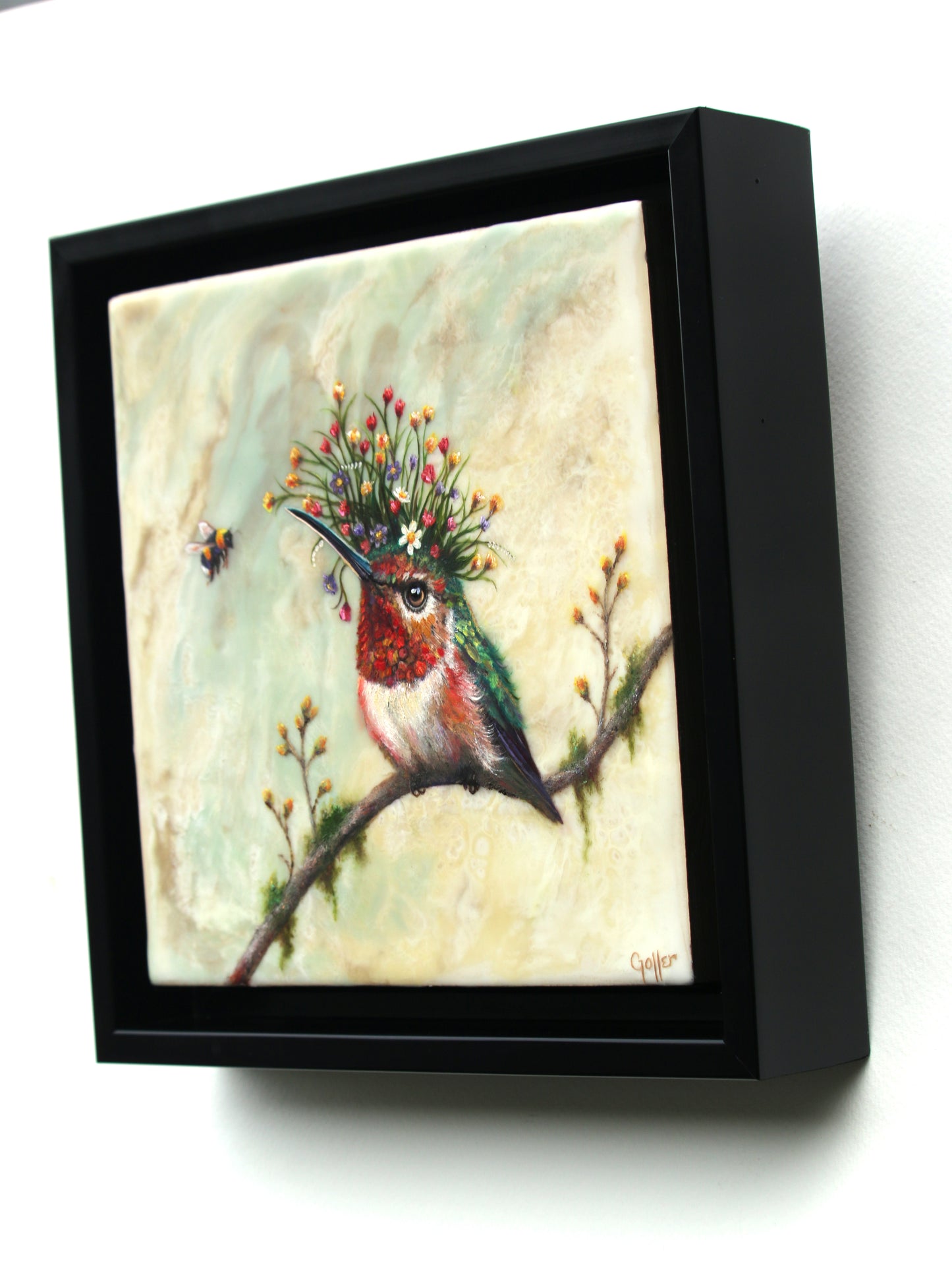 CARRIE GOLLER - Avis, Floriferous collection (hummingbird), 8x8 Mixed Media - Oil/Encaustic (Copy)
