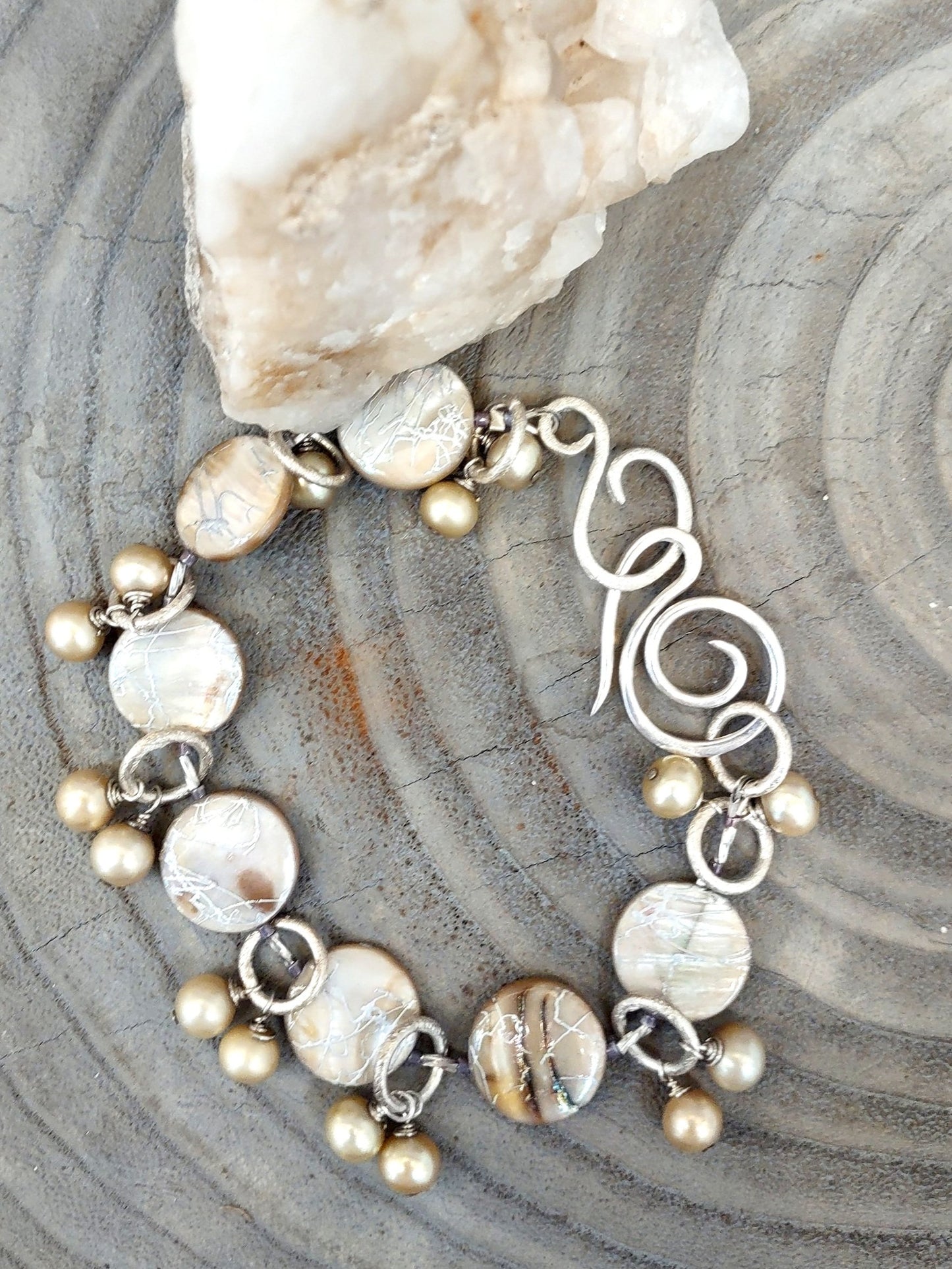 ***SOLD*** B307 Debra Saldivar - Bracelet, Sterling Silver, Freshwater Pearls, Glass
