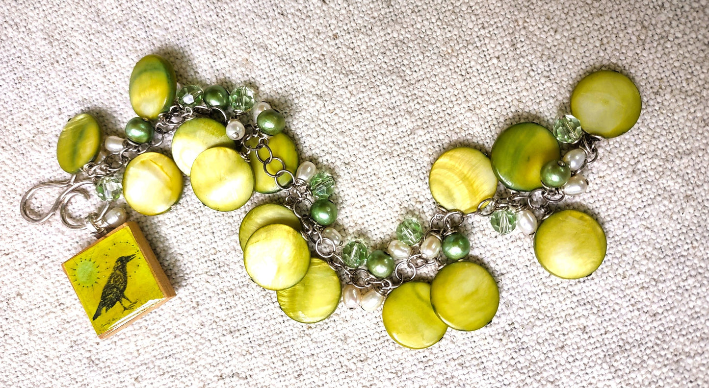 Available Upon Request - B814 Debra Saldivar - Bracelet, Shell, Swarovski Crystal, Freshwater Pearls, Carrie Goller Scrabble Tile, Sterling Silver