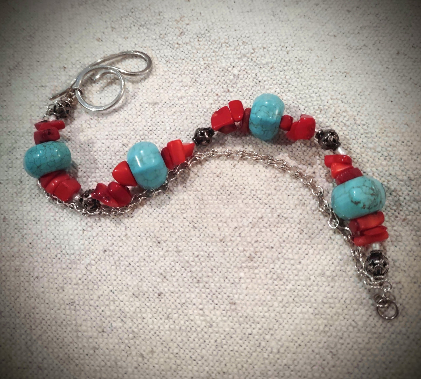 Available Upon Request - B837 Debra Saldivar - Bracelet, Turquoise, Red Coral Chips, Bali Silver, Hand Tooled Sterling Closure, Sterling Silver Chain, Freshwater Pearls