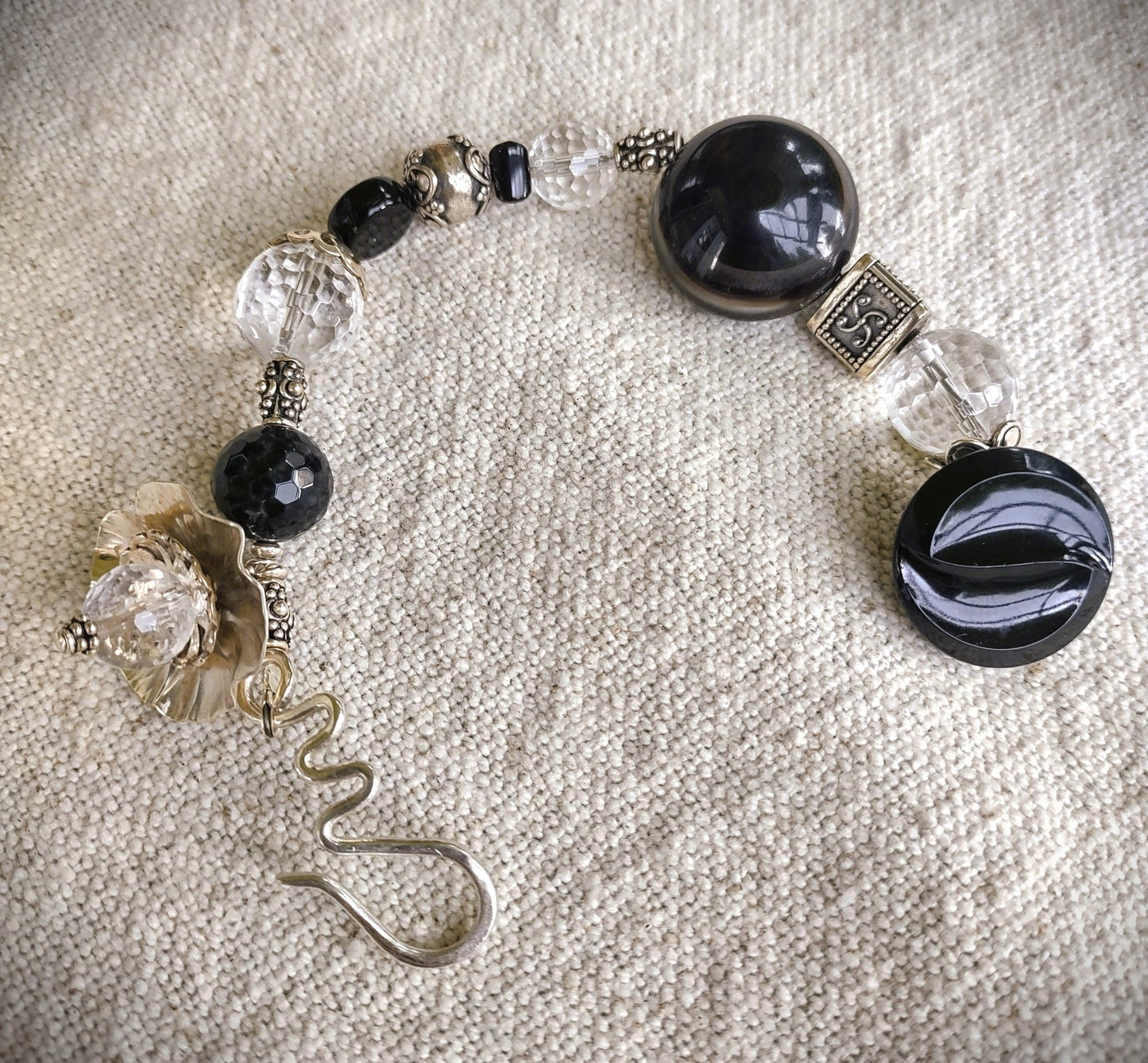 Available Upon Request - B900 Debra Saldivar - Bracelet, Black Onyx, Clear Quartz, Black Banded Agate, Vintage Button, Sterling Silver, Bali Silver