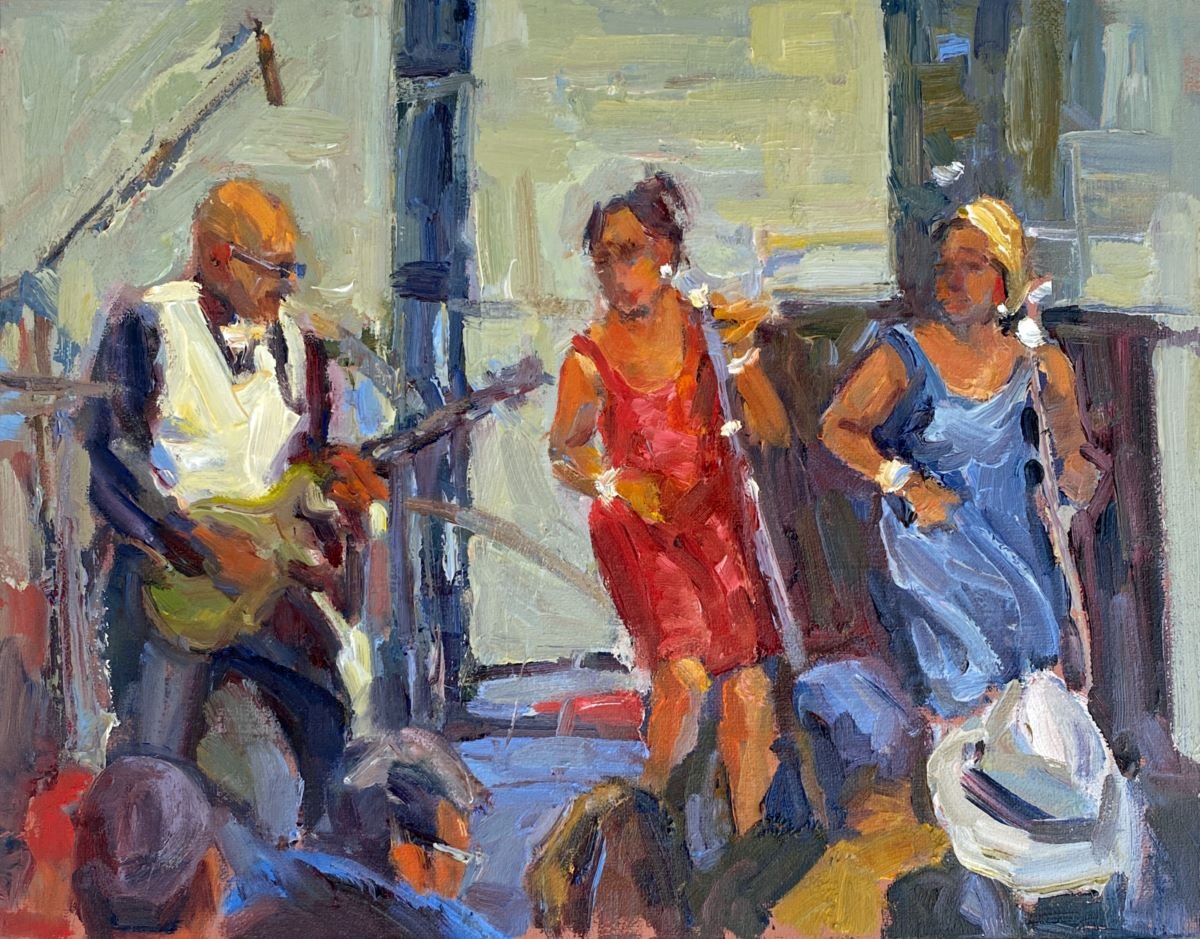 ***SOLD***JEANNE EDWARDS - Back Up Singers, oil on panel, 11x14 (framed)