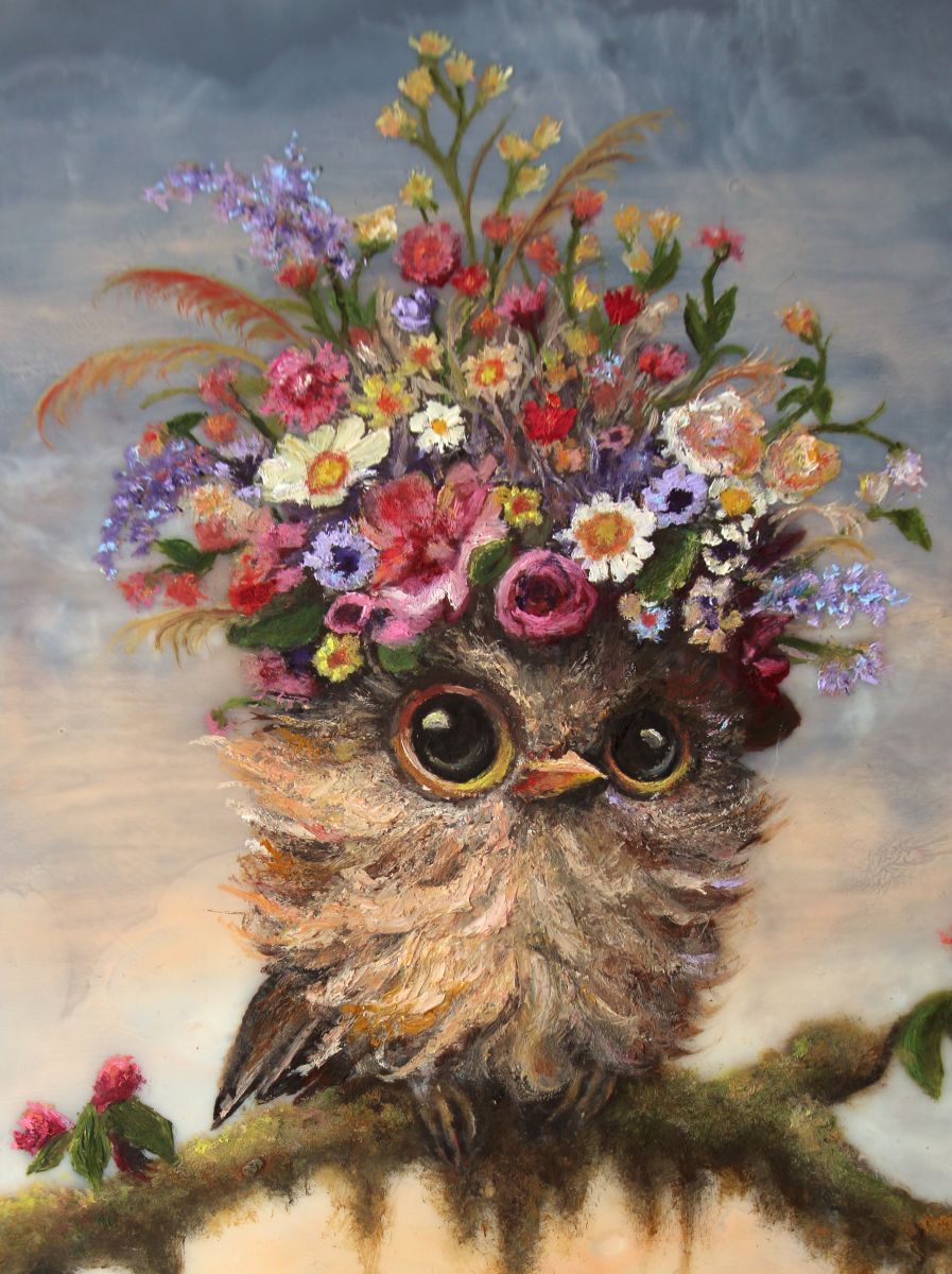 CARRIE GOLLER - Beardsley - Floriferous Collection Wowl, Mixed media oil/encaustic 8x8 (Bird) ***At Rehs Contemporary Galleries, NYC, please inquire at (212) 355-5710***