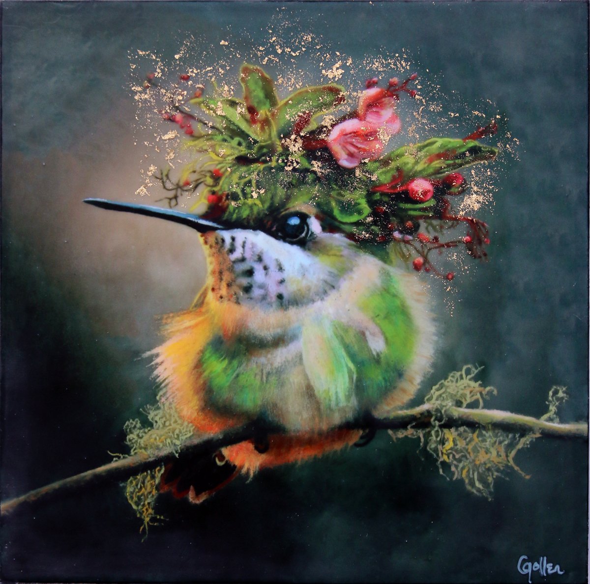 CARRIE GOLLER - Beatrice (Floriferous Series) Mixed Media Encaustic Giclee with Gold Leaf, 8x8