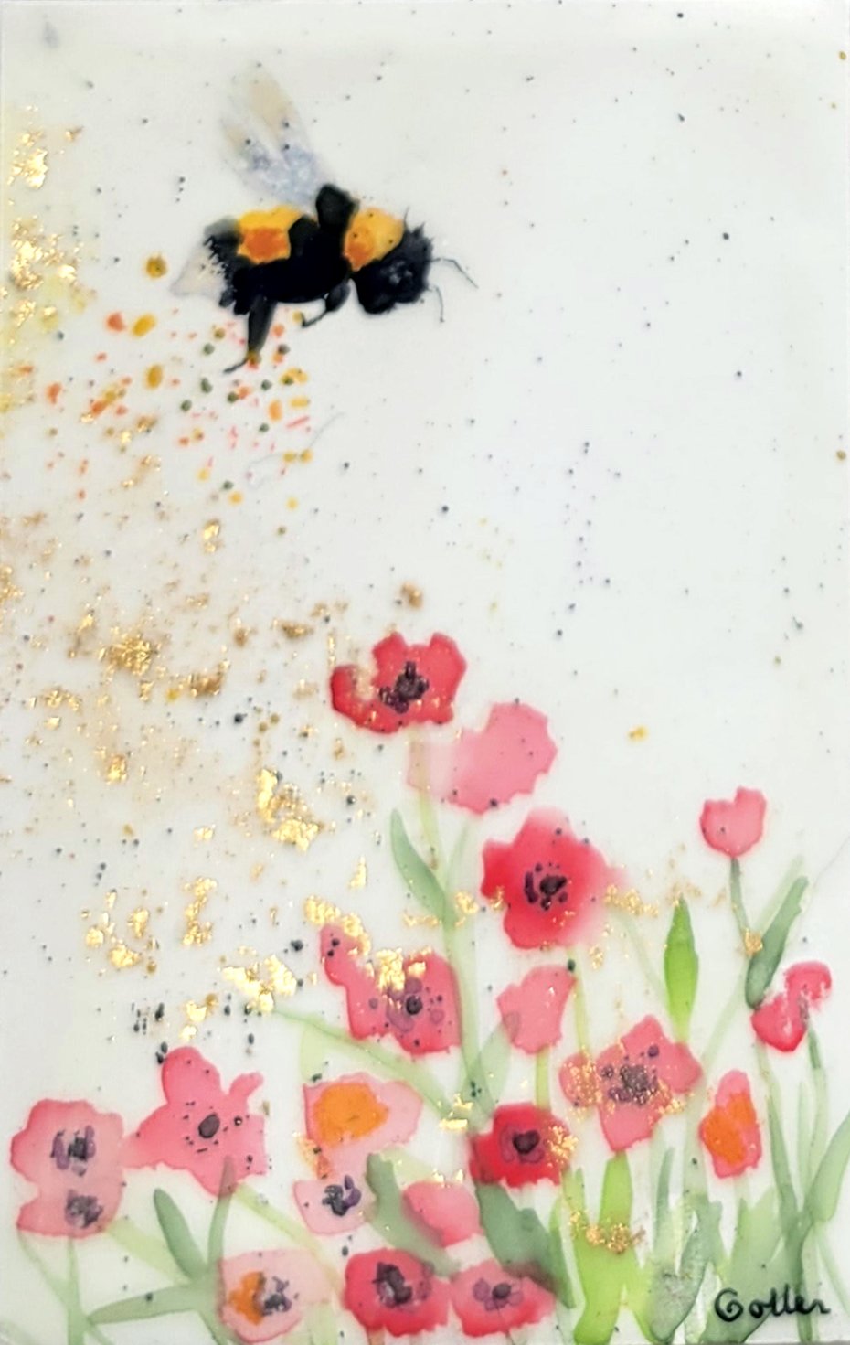 ***SOLD** Carrie Goller - Original Bee Miniature Painting 3 x 4.75 - Encaustic/Watercolor/Gold Leaf