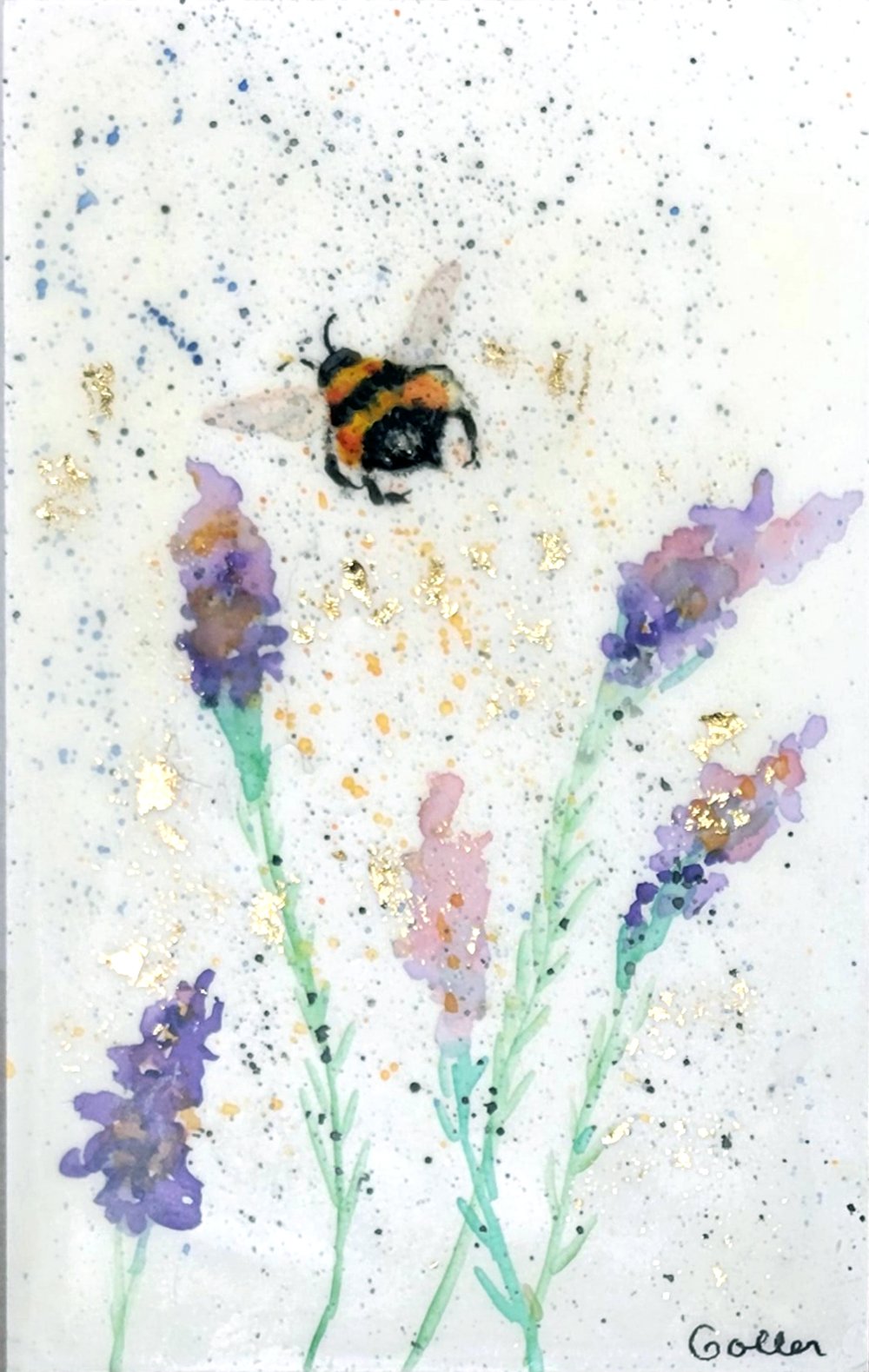 ***SOLD*** Carrie Goller - Original Bee Miniature Painting 3 x 4.75 - Encaustic/Watercolor/Gold Leaf