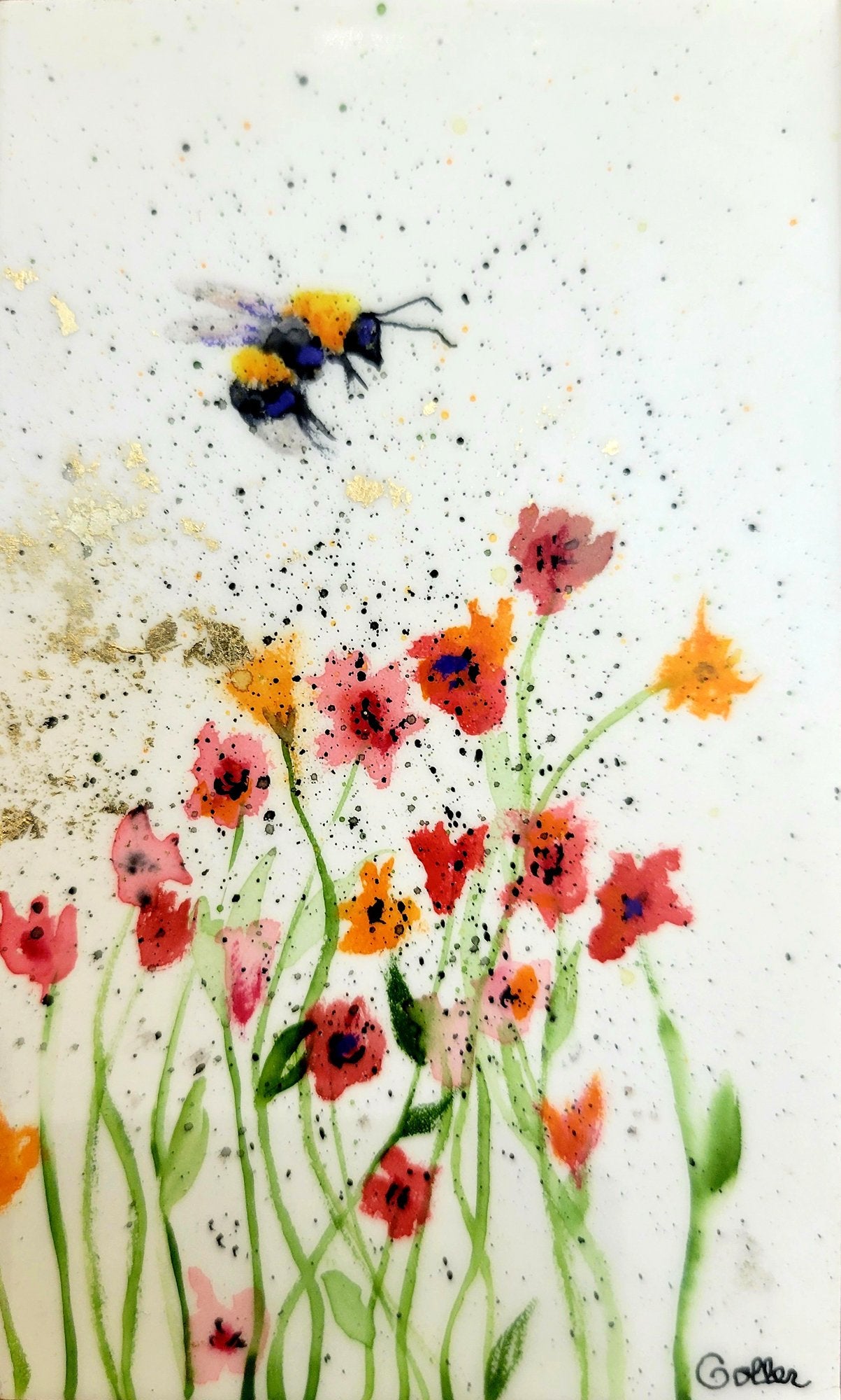 Prints available ***SOLD*** Carrie Goller - Original Bee Miniature Painting 3 x 4.75 - Encaustic/Watercolor/Gold Leaf