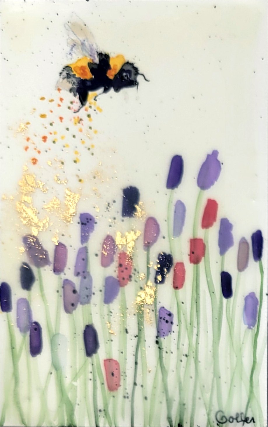 ***SOLD*** Carrie Goller - Original Bee Miniature Painting 3 x 4.75 - Encaustic/Watercolor/Gold Leaf