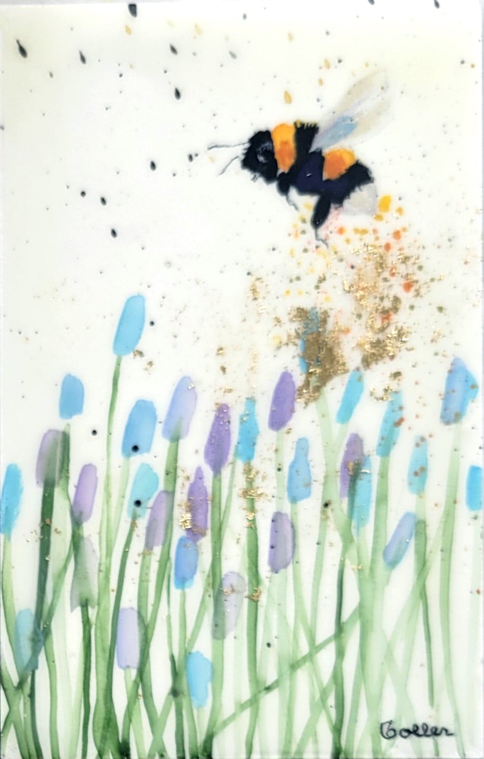 ***SOLD*** Carrie Goller - Original Bee Miniature Painting 3 x 4.75 - Encaustic/Watercolor/Gold Leaf