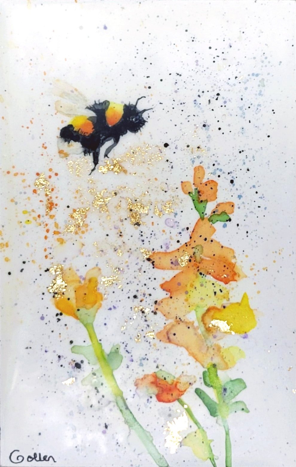 Carrie Goller - Original Bee Miniature Painting 3 x 4.75 - Encaustic/Watercolor/Gold Leaf