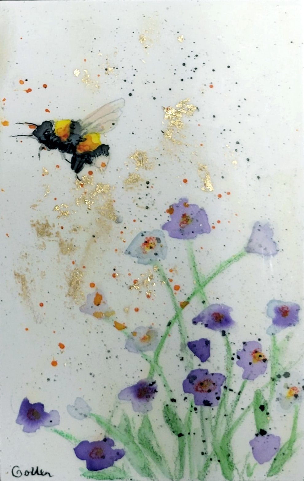 ***SOLD*** Carrie Goller - Original Bee Miniature Painting 3 x 4.75 - Encaustic/Watercolor/Gold Leaf