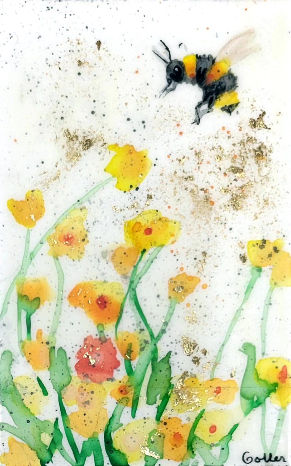 ***SOLD*** Carrie Goller - Original Bee Miniature Painting 3 x 4.75 - Encaustic/Watercolor/Gold Leaf