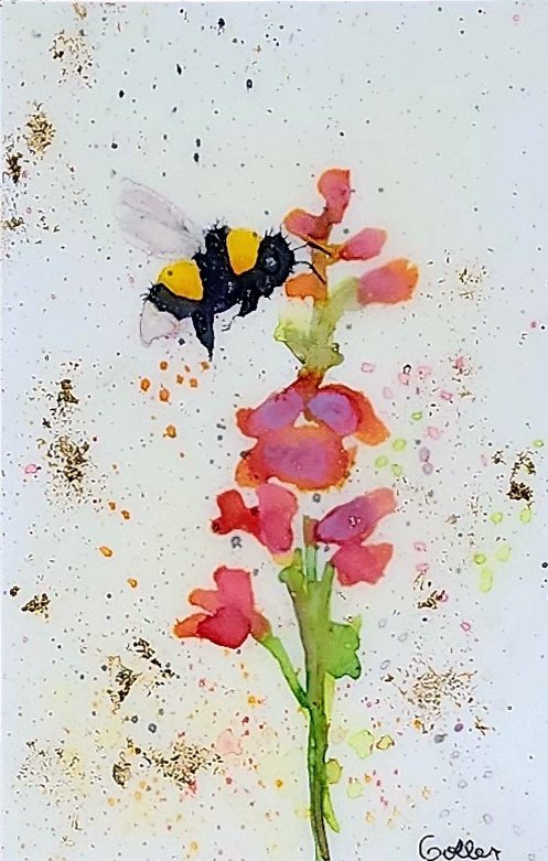 ***SOLD*** Carrie Goller - Original Bee Miniature Painting 3 x 4.75 - Encaustic/Watercolor/Gold Leaf