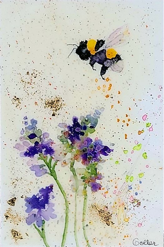 ***SOLD***Carrie Goller - Original Bee Miniature Painting 3 x 4.75 - Encaustic/Watercolor/Gold Leaf