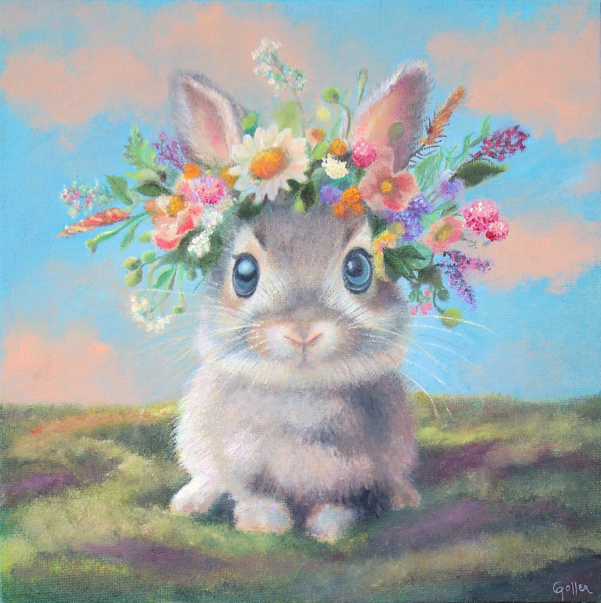 CARRIE GOLLER - Belinda, oil (Floriferous Collection) Bunny, Oil 10x10 (framed) ***At Jones & Terwilliger Galleries, Carmel, CA please inquire at (831) 626-9100***