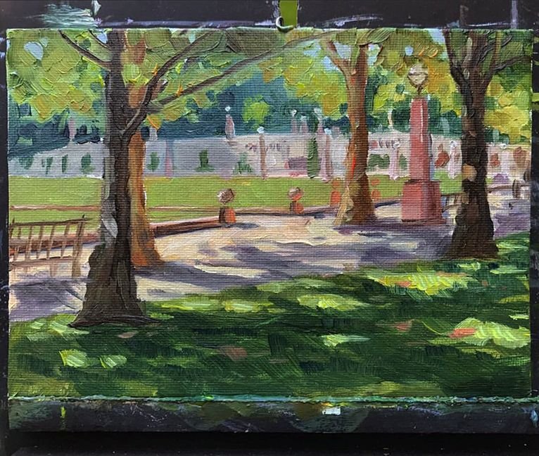 MAURY WEISS - Bellevue Square Park, Original Plein Air Oil on Panel, 5x7