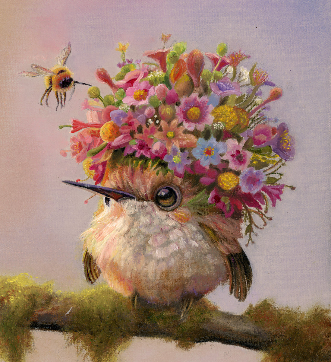CARRIE GOLLER - Bernadette (Floriferous "Bouffant" Collection, Hummingbird) Oil 10x8 ***At Rehs Contemporary Galleries, NYC (212) 355-5710***