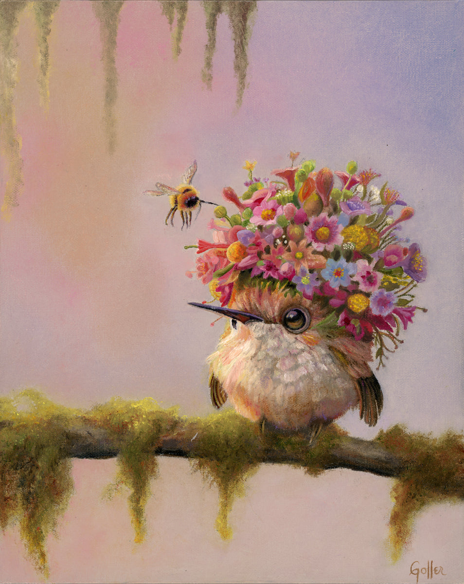 CARRIE GOLLER - Bernadette (Floriferous "Bouffant" Collection, Hummingbird) Oil 10x8 ***At Rehs Contemporary Galleries, NYC (212) 355-5710***