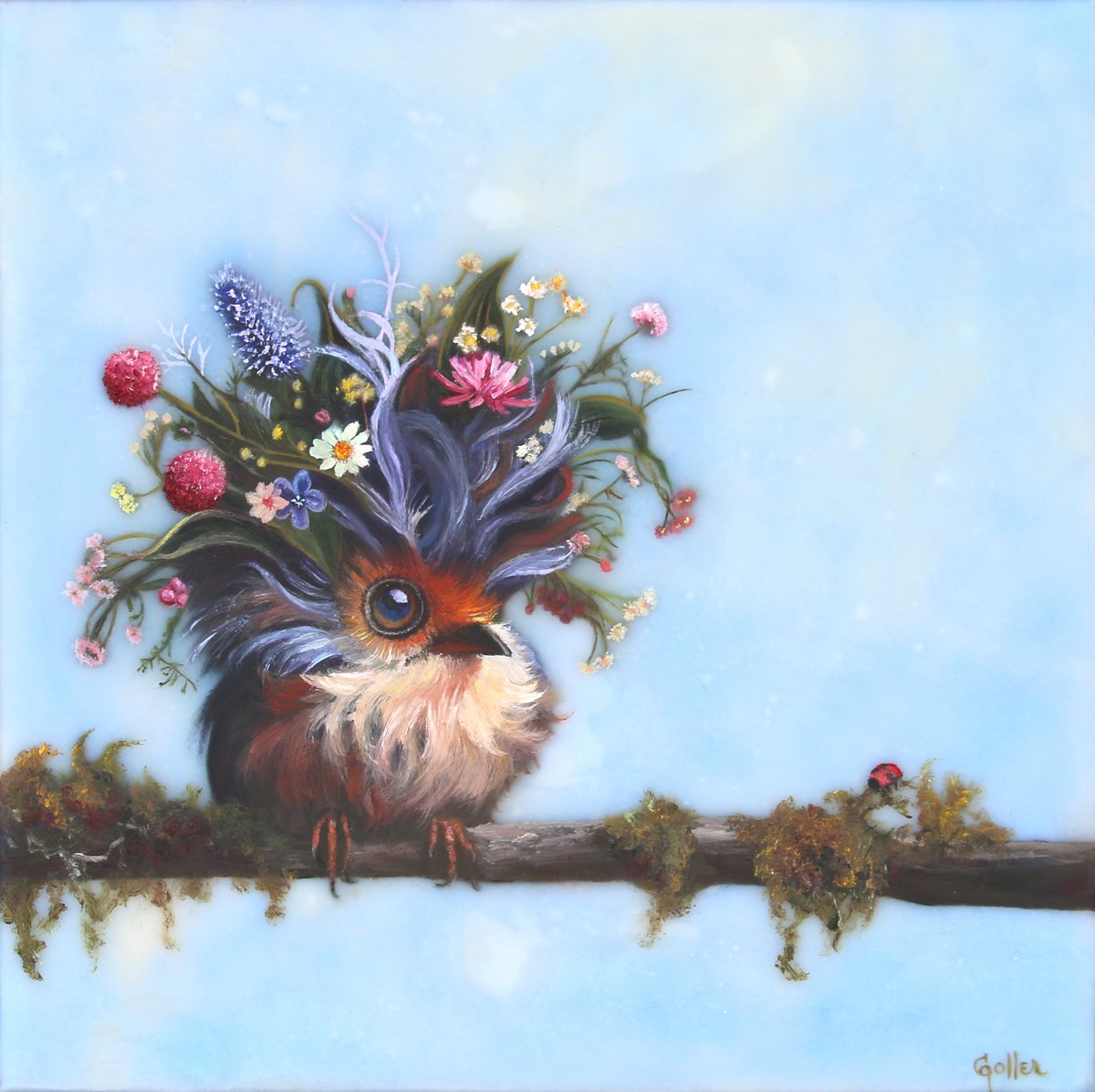 Prints available, original ***SOLD*** CARRIE GOLLER - Betty (Wowl, Floriferous Collection), Mixed Media - Oil/Encaustic 8x8 ***At Rehs Contemporary Galleries, NYC, please inquire at (212) 355-5710***