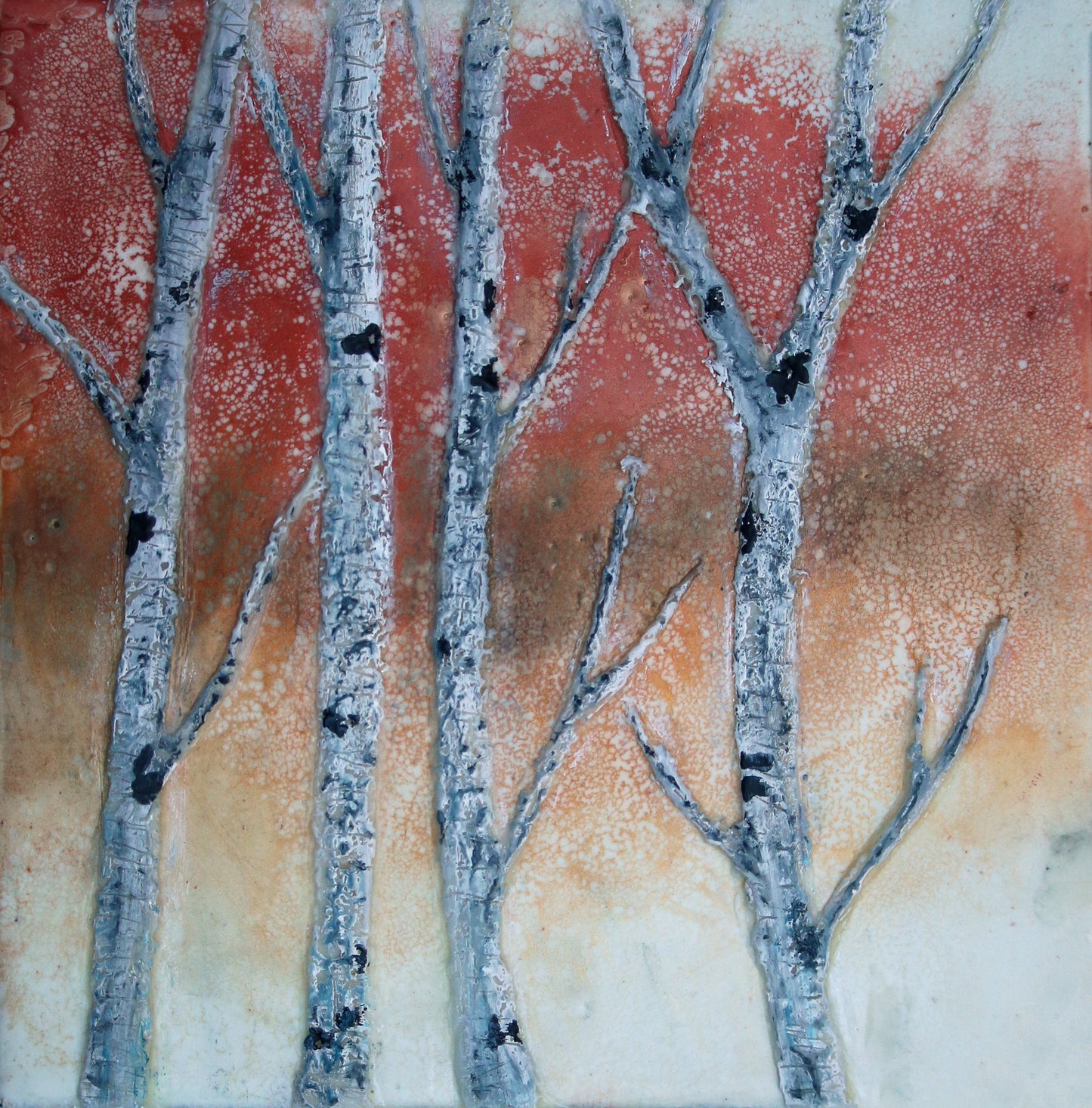 ***SOLD***Carrie Goller - Birch Autumn I, II, III and IV - Quadriptych, Encaustic/Mixed Media 18x18 or 9x36 (9x9 each)