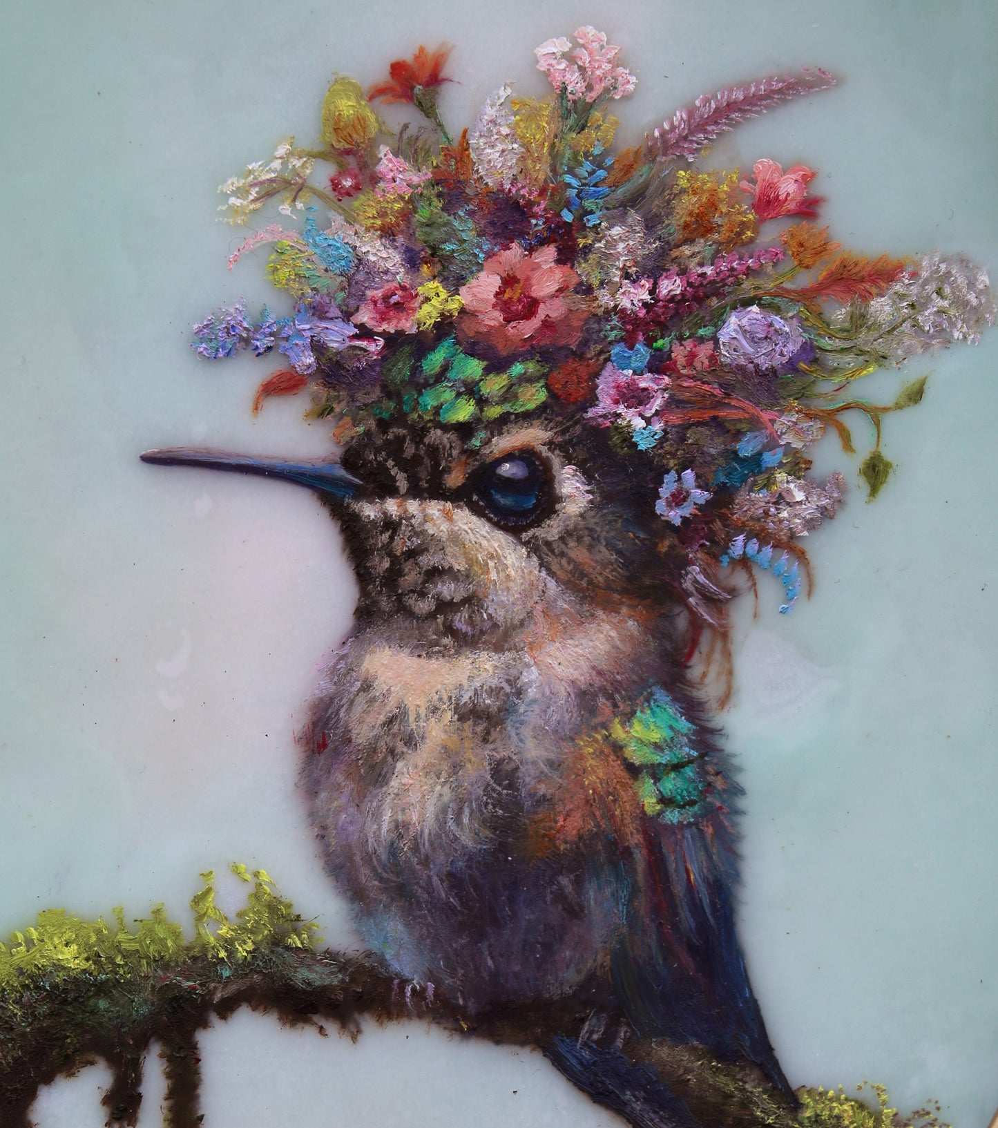 CARRIE GOLLER - Blanche (Floriferous Hummingbird Portrait), Mixed Media Oil/Encaustic 7x5 ***At Rehs Contemporary Galleries, NYC, please inquire at (212) 355-5710***