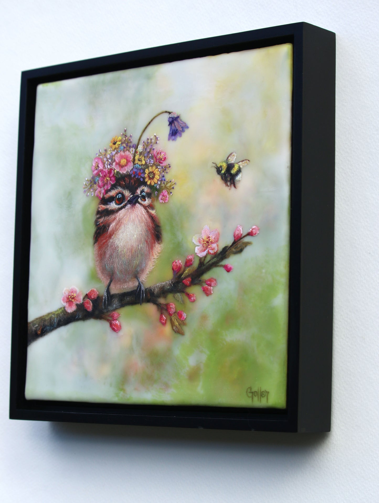 Prints available, original ***SOLD*** CARRIE GOLLER - BlueBelle, Floriferous Hummingbird, Mixed Media Oil-Encaustic 8" x 8" ***At Jones & Terwilliger Galleries, Carmel, CA please inquire at (831) 626-9100***