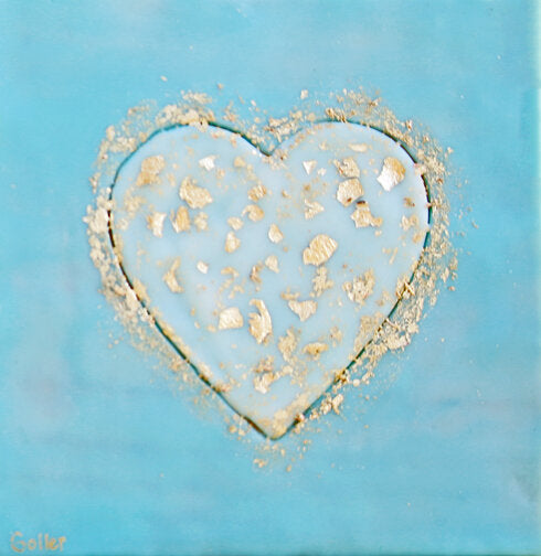 ***SOLD*** Carrie Goller - White heart on Blue with Gold Leaf, encaustic 7x7