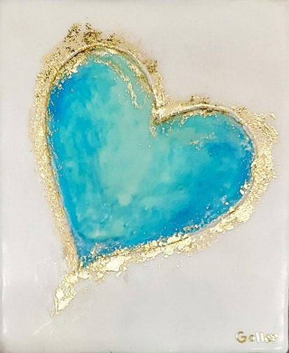 ***SOLD*** Carrie Goller - Blue Green Heart with Gold Leaf on White, encaustic 5.5x4.5