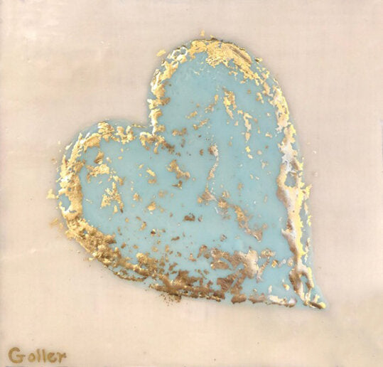 ***SOLD*** Carrie Goller - Blue Heart of Gold, encaustic/gold leaf 5.25x5