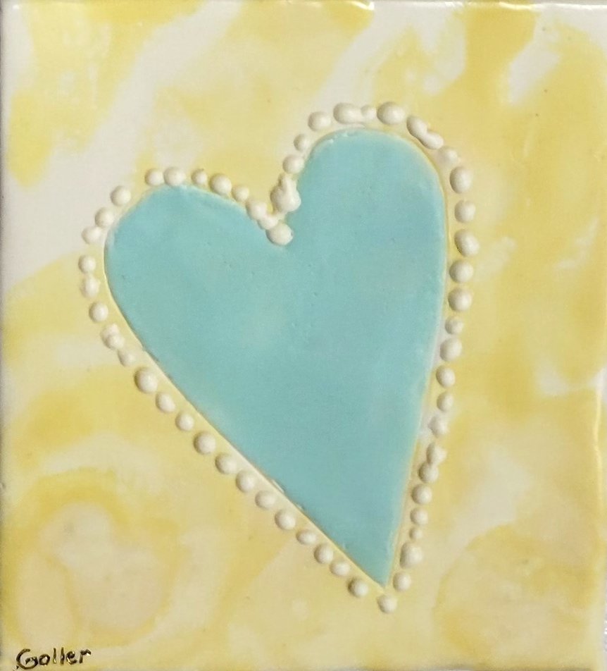 ***SOLD*** Carrie Goller - Blue Heart on Yellow/White, encaustic 5.5x4.5