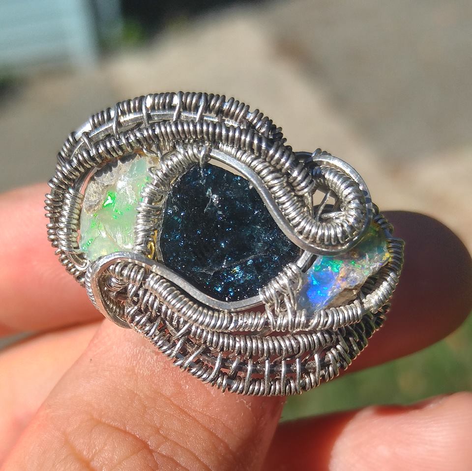***SOLD*** CHARLES GOLLER - Blue Tourmaline, Ethiopian Opals sterling wire-wrapped crystal/gemstone ring, size 6.5 - 6.75