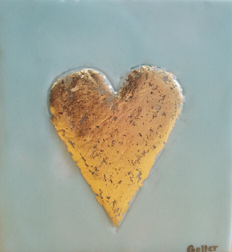 ***SOLD*** Carrie Goller - Blue Heart of Gold, encaustic/gold leaf 5.25x5