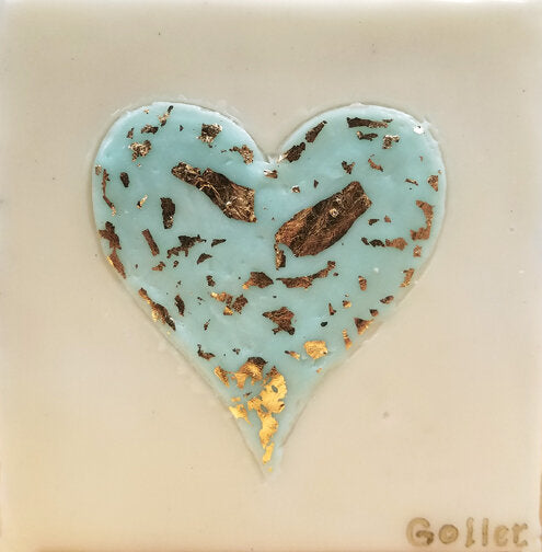 ***SOLD*** Carrie Goller - Blue Heart of Gold, encaustic/gold leaf 3.5x3.5