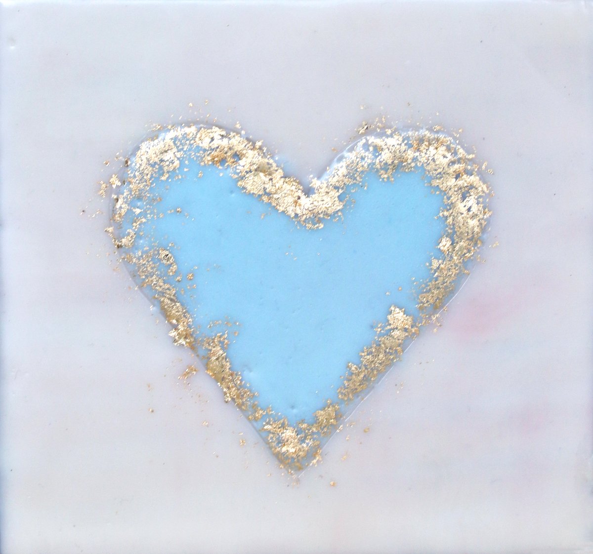 Carrie Goller - Encaustic/Gold Leaf Blue heart on White 5.5x5.25