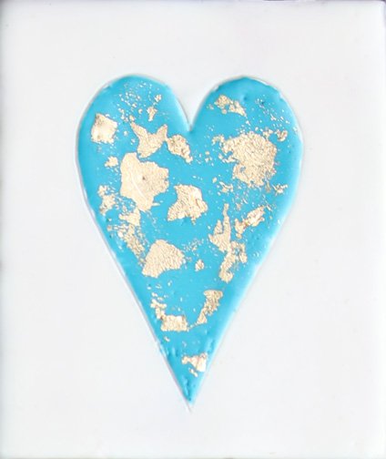 ***SOLD*** Carrie Goller - Blue heart on white with gold leaf, encaustic 4x3.5