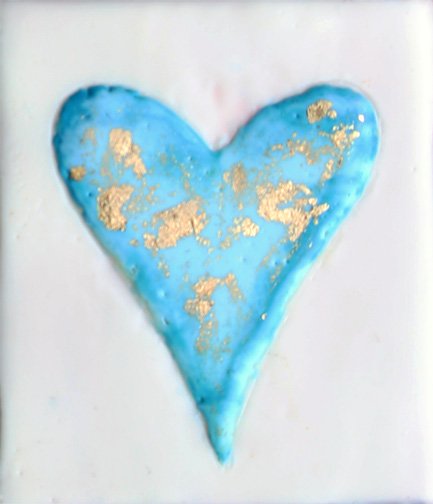 ***SOLD*** Carrie Goller - Blue heart on white with gold leaf, encaustic 4x3.5