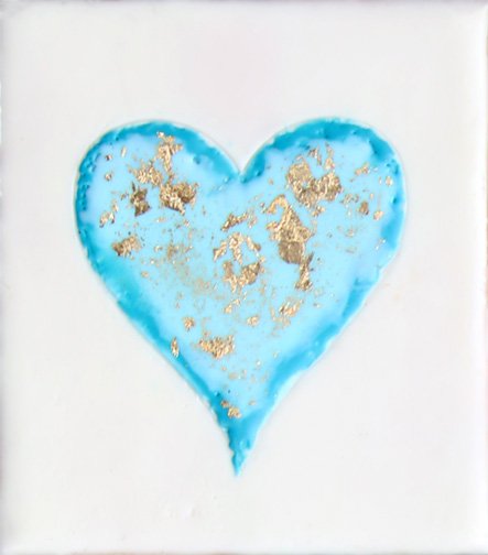 ***SOLD*** Carrie Goller - Blue heart on white with gold leaf, encaustic 4x3.5