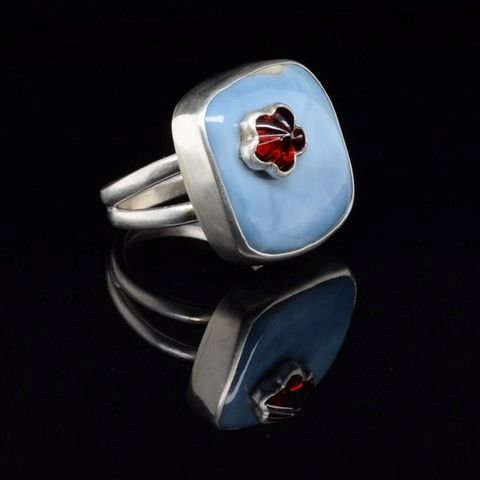 Jody Lyle - Flower and Sky Ring, Opal and Garnet with Sterling Silver