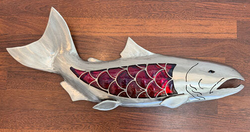 ***SOLD***BOB KIMBALL - Coho Salmon Wall Sculpture - Red Glass and Stainless Steel 30x15