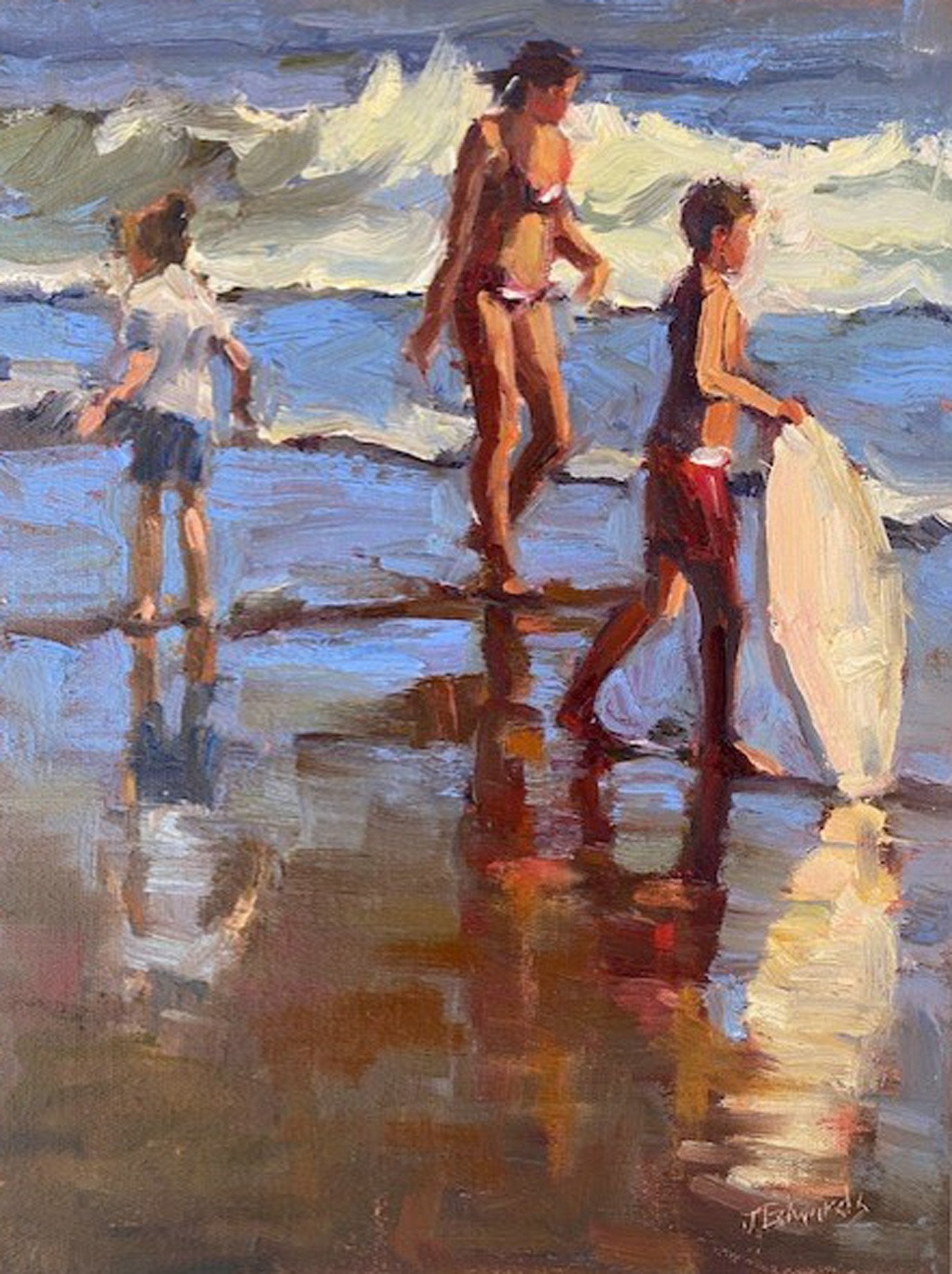 ***SOLD*** JEANNE EDWARDS - Boogie Board, oil on panel (framed) 12 x 9